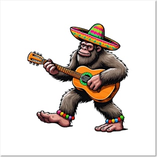 Funny Cinco De Mayo Bigfoot Playing Guitar Posters and Art